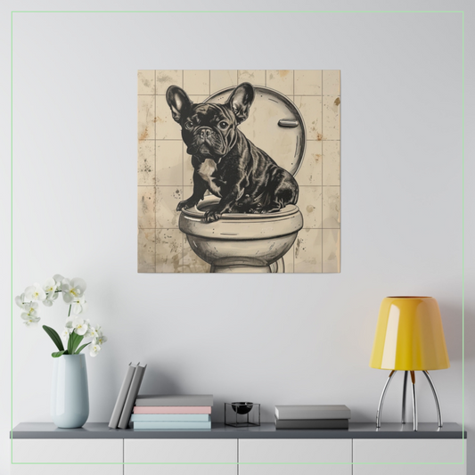 Pottie Pooch - Matte Canvas of a Black French Bulldog on the Loo