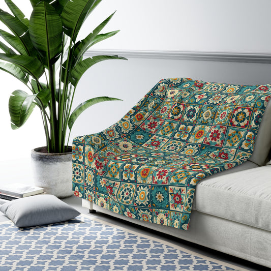 Teal Blossoms - Sherpa Fleece Blanket