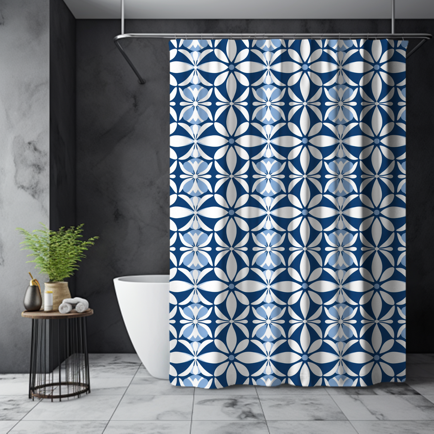 Modern Blue and White Floral Shower Curtain