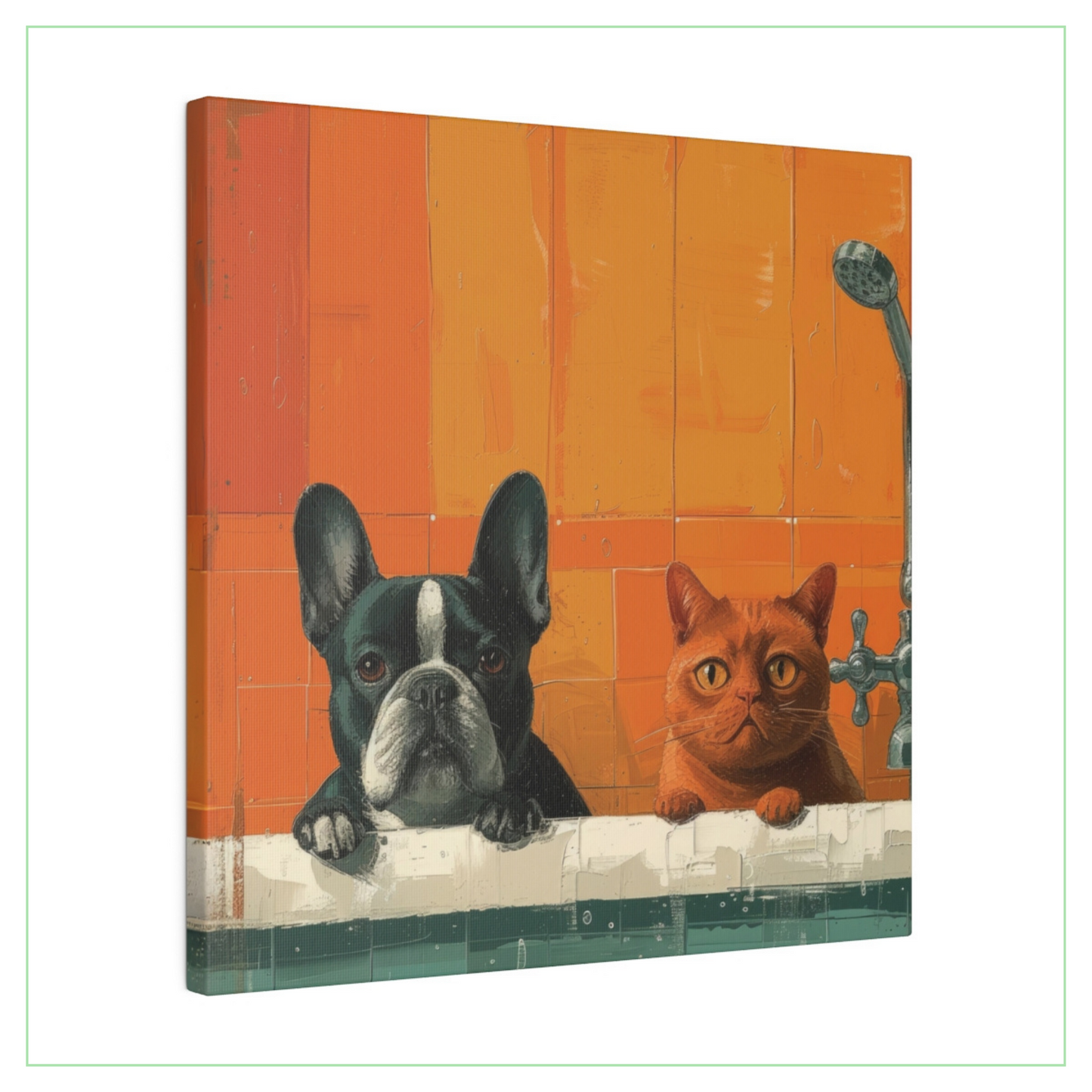 Orange Delight - Matte Canvas of a French Bulldog and his pal in the tub