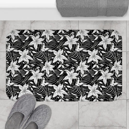 Elegant Black and White Floral Bath Mat