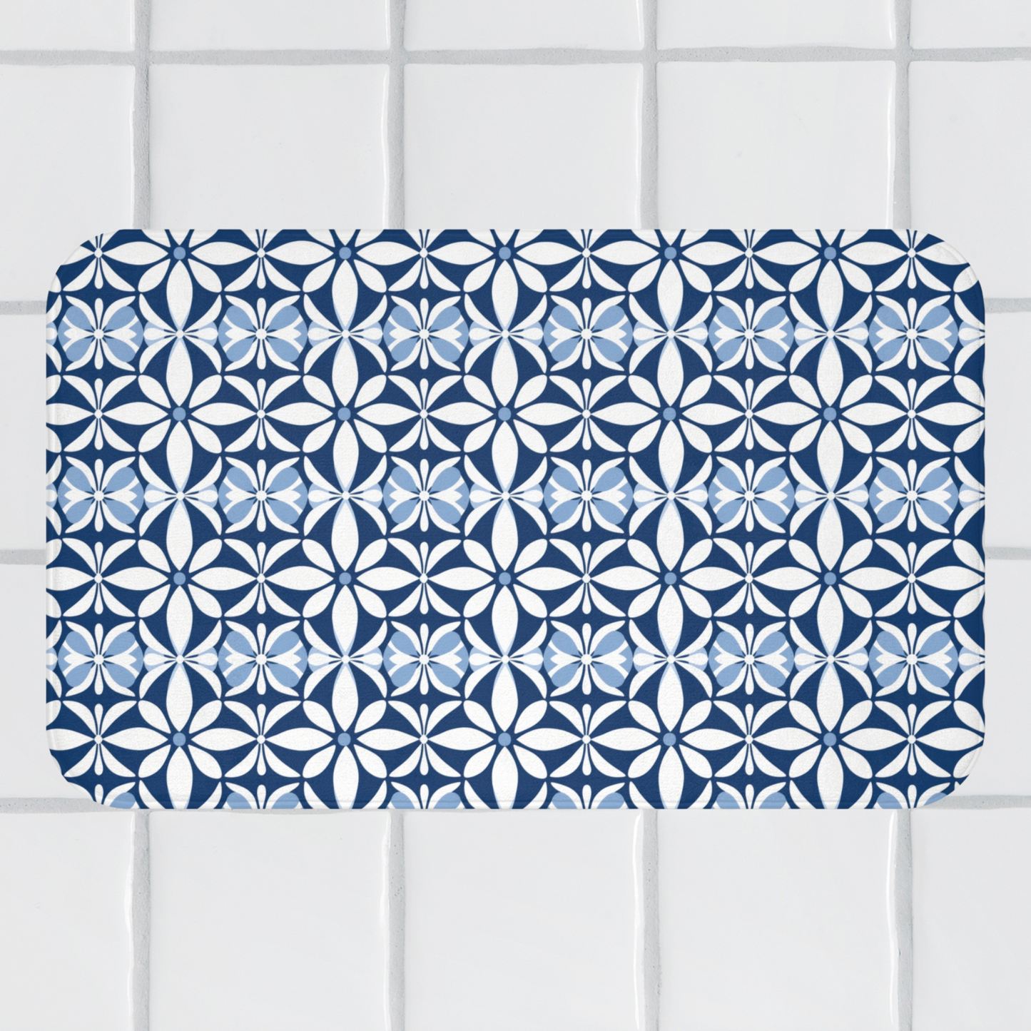 Modern Blue and White Floral Bath Mat