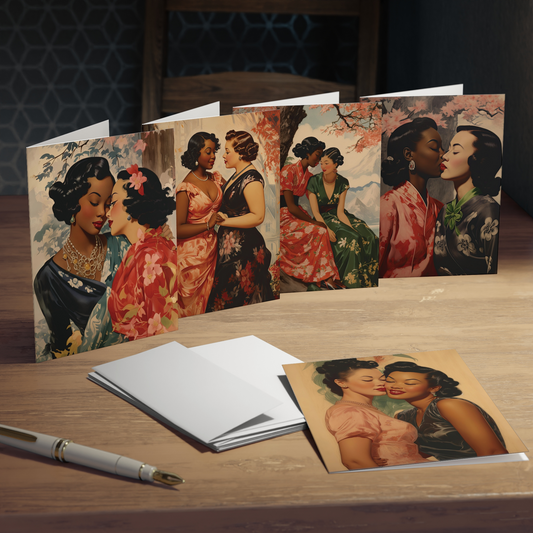 Love Stories Unfold: Vintage Multicultural Lesbian Romance Cards Set