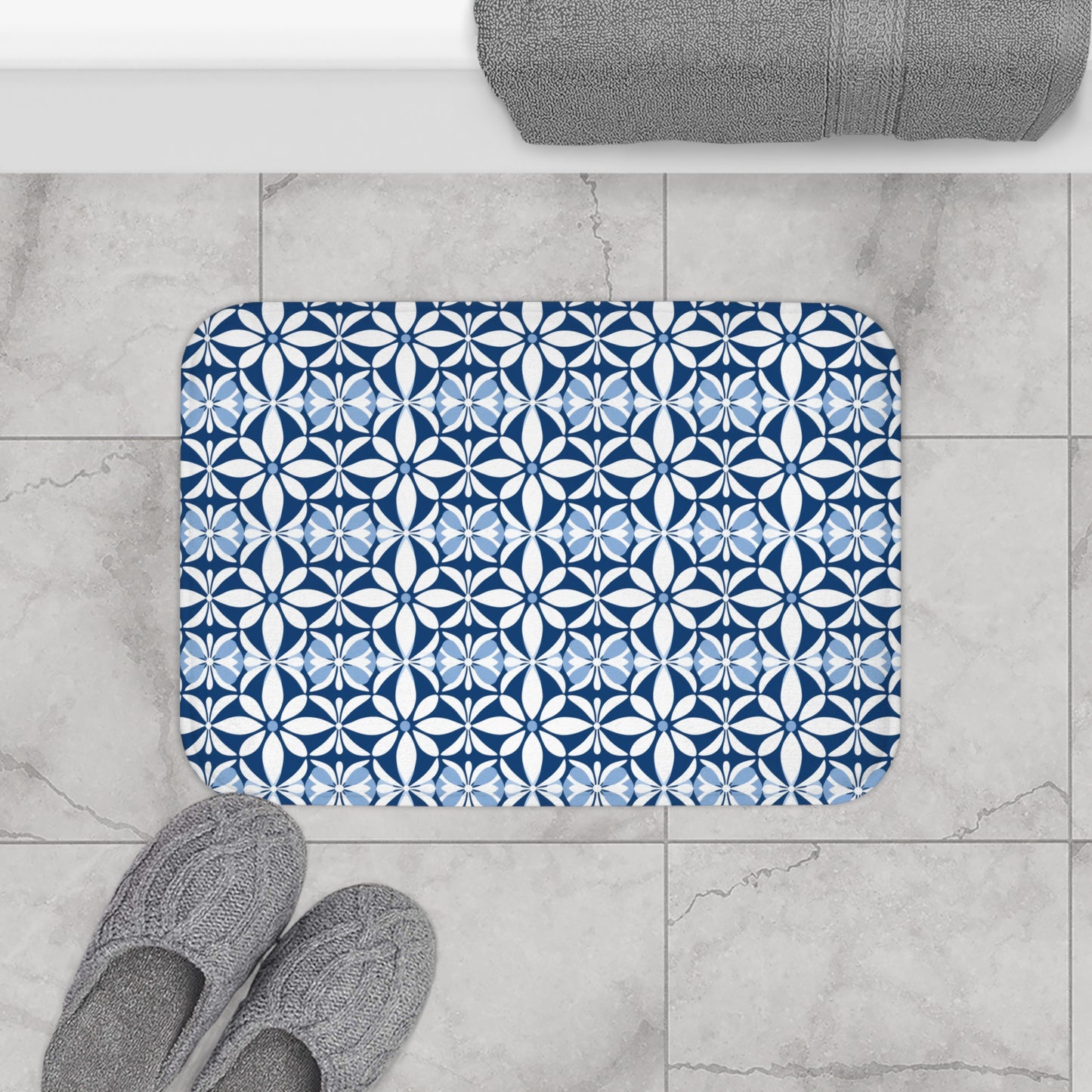 Modern Blue and White Floral Bath Mat